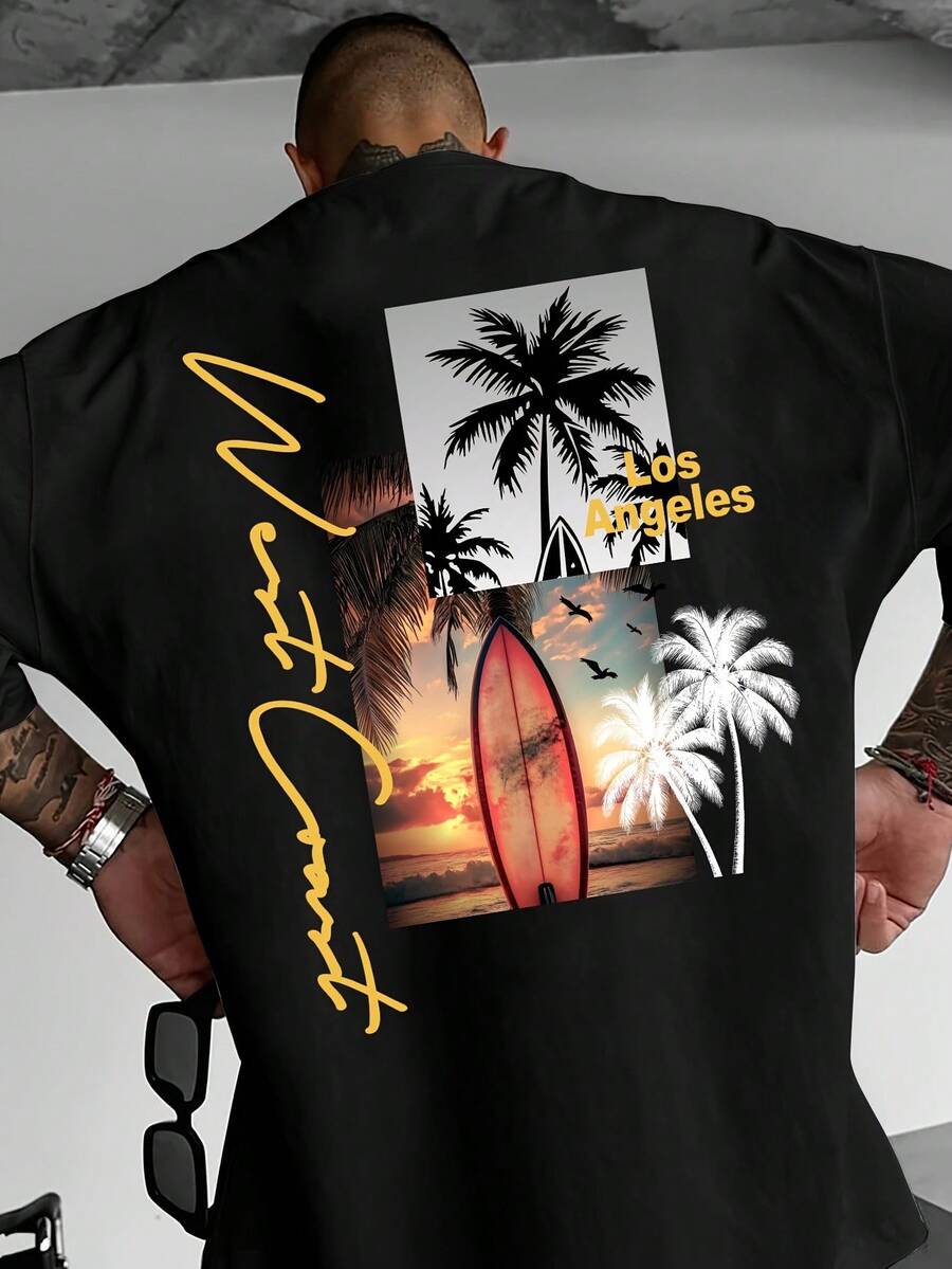 Camiseta Casual para Hombre con Estampado de Palmeras y Letras de Los Ángeles, Estilo Streetwear, Corte Holgado - Negro - Ver 1