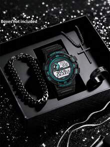 Men's Outdoor Sports Watch Set, Gradient Color, Necklace, Bracelet, Ring. Large Dial Digital Display, Stopwatch, Date. Student, Teacher, Christmas Gift. - one-size - View 2