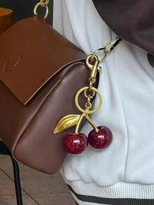 Glitter Red Cherry Keychain, Gold Metal Leaf Cherry Bag Charm, Cute Fruit Pendant Key Ring With Lobster Clasp For Women Handbag Decor - Multicolor - View 2