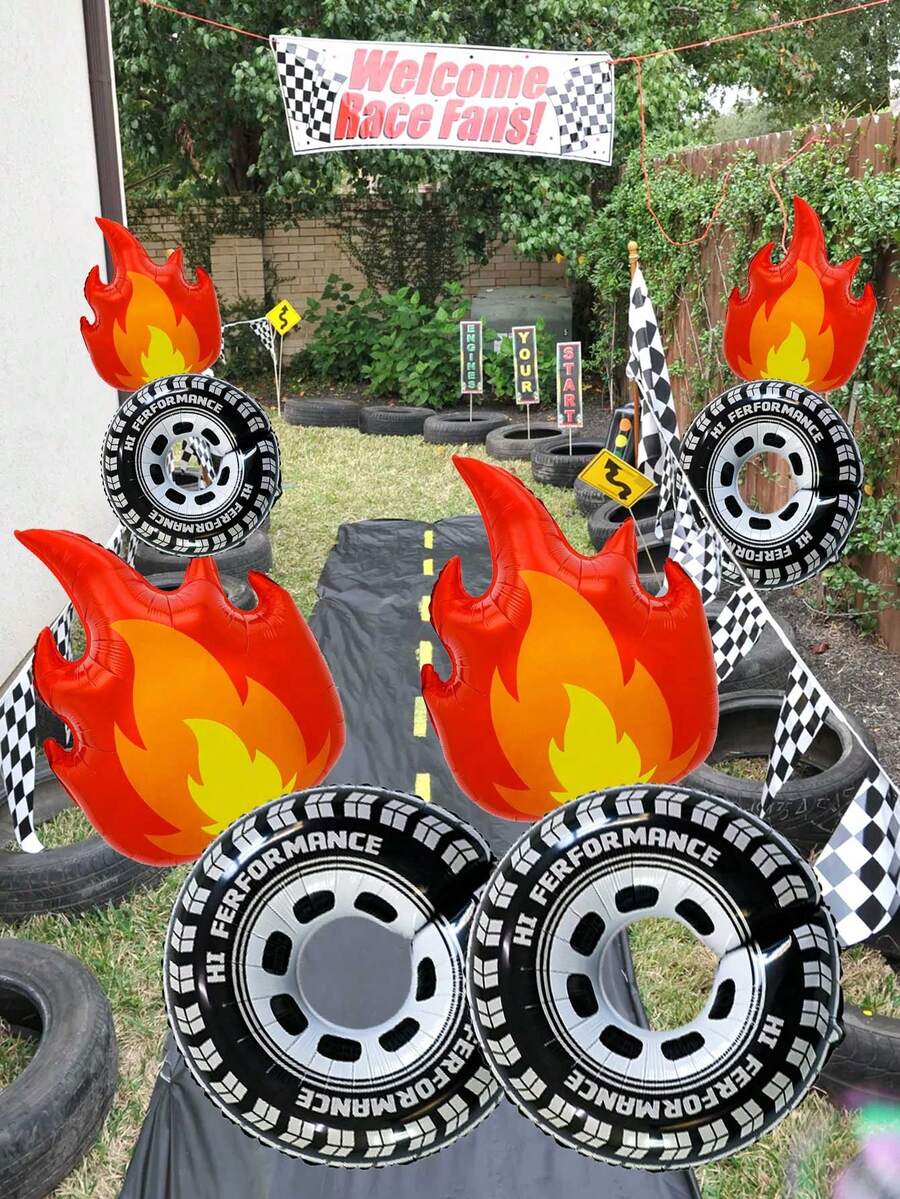 2/4/8pcs Racing Tire Balloon Set,Large Tire And Flame Foil Balloons,Suitable For Birthday Party,Firefighting Theme,Game,Party Background,Babyshower Decoration. - Balloon Set - View 1