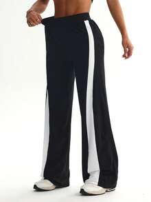 Hidkat Women's Solid Color High Waist Elastic Band Yoga Casual Sports Knit Flare Pants - Black and White - View 4