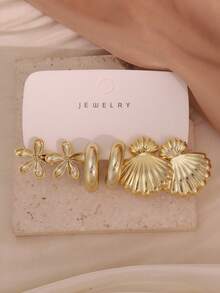 6-18PCS Gold Vintage Casual Commute Full Earring Set, With Flower, Shell, Water Drop, Geometric C-Hoop Designs, Suitable For Daily Commute, Travel, Dating, Casual, Outing Multiple Occasions - Gold - View 4