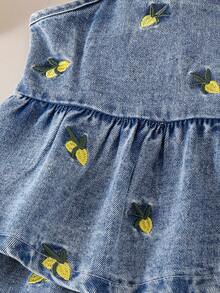 2pcs/Set Girls Toddler Street Cute Style Denim Embroidered Camisole Top & Denim Shorts Set Summer - Navy Blue - View 5