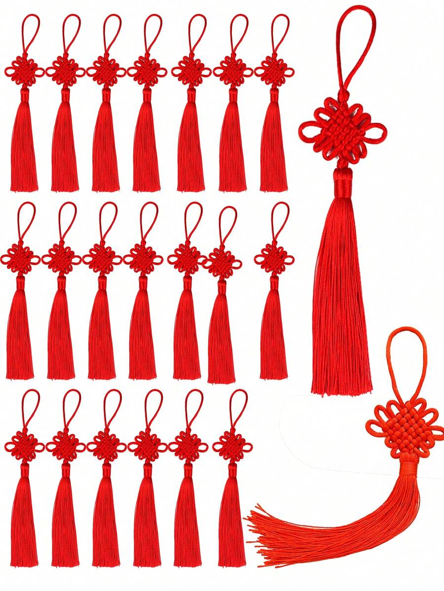 5/10/20pcs Red Chinese Knot Peace Knot Car Pendant Decoration Keychain Accessories, Smooth Satin Tassel, Handmade Chinese Knot Rope, Suitable For Lunar New Year And Spring Festival Decoration - Red - View 1