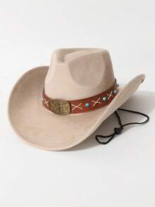 1pc Unisex Cowboy Hat, Vintage Fedora, Jazz Hat, Panama Hat, Faux Suede Fabric, Rivet Bull Head Decoration, Wide Brim Design, Sun Protection, Adjustable Windproof Rope. Suitable For Cowboy Theme Events, Vintage Parties, Role Play, Gatherings, Outfit Matching, Outdoor Travel, Daily Use - Suede X Denim Hat - View 3