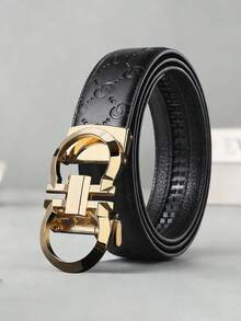 Men's Double Ring Automatic Buckle PU Faux Leather Belt, 47 Inch Extended Length, Embossed Business Casual Versatile Dress Pants Belt - Multicolor - View 3
