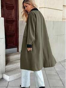 Women's Autumn New Contrast Black Trim Collar Pocket Trench Coat, Loose Fit, Relaxed Style, Flattering Mid-Length Versatile Jacket - Olive Green - View 3
