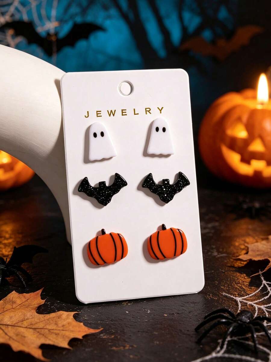 Halloween Acrylic Ghost & Pumpkin Cute Earring 3pcs Set - Multicolor - View 1