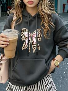 Women's Hoodie, Leopard Bow Front & Sleeve Graphic Pullover, Coquette Casual Hooded Tops - Dark Grey - View 2