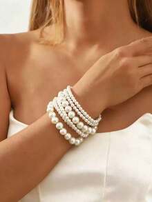 6pcs French Vintage Elegant Fashion Minimalist Luxury Layered Faux Pearl Bracelets For Women Daily Holiday Commute Wear - White - View 1