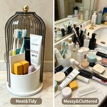 1pc Brush Holder With Lid, 360° Rotating Dust-Proof ABS Storage Box, 3-Compartment Sliding Lid Toothbrush Holder With Non-Slip Base, Multi-Purpose Space-Saving Storage Box, Suitable For Makeup Brushes, Toothpaste, Fits Vanity, Bathroom, Home, Dorm, Apartment - Multicolor - View 2