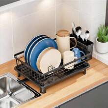 1pc Automatic Drainage Dish Rack, Kitchen Dish Storage Rack With Utensil Holder, Black - Black - View 3