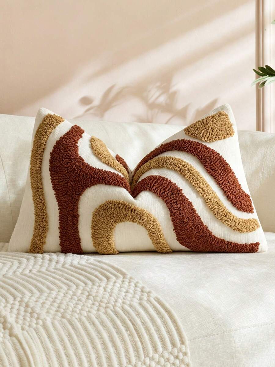 1pc/2pcs Sage Green Wavy Tufted Pillow Case, Bohemian Style Textured Abstract Wave Cushion Cover, Chenille Pillowcase With Hidden Zipper, Suitable For Sofa Living Room Bedroom Home Decor, Pillow Insert Not Included, All Seasons - Burnt Orange - View 1