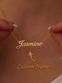 可客製化「Jasmine」金色調項鍊－極簡 304 不鏽鋼客製姓名牌個性化禮物，週年禮物，金色復古中性休閒款，適合送給他的理想禮物，不褪色防水，生日禮物 - 彩色 - 查看 2
