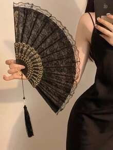1pc Vintage French Lace Tassel Folding Hand Fan, Suitable For All Seasons, Suitable For Dancing, Summer Travel, Street Fashion Shooting. Vintage French Lace Tassel Folding Hand Fan, New China Retro Black Lace Folding Fan, Suitable For Carrying Around And Using All Year Round, Suitable For Matching Outfits, An Essential Accessory For Autumn, Suitable For Spring, Summer And Autumn Use. - Multicolor - View 8
