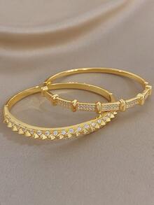 1Pc/Set Elegant Gold Plated Rectangular Shiny Zirconia Stack Bangle Bracelet Set,Gold Jewelry For Women,Daily,Party,Wedding,Valentine Gifts,Christmas - Multicolor - View 7