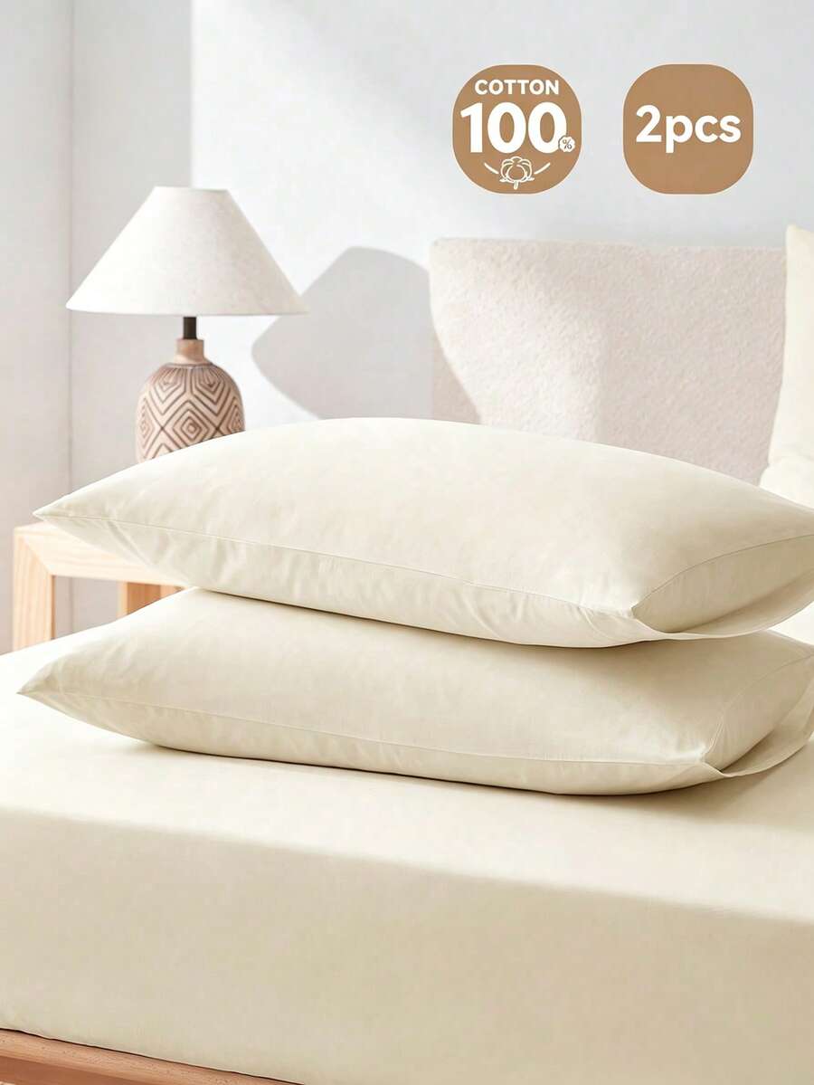 2 piezas Fundas de almohada sobre tipo sobre de unicolor minimalista clásico (sin incluir el relleno de la almohada), tela suave y transpirable, que absorbe la humedad, adecuada para dormitorio, ropa de cama, todas las estaciones, sueño cómodo Rama - Blanco Crema - Ver 1