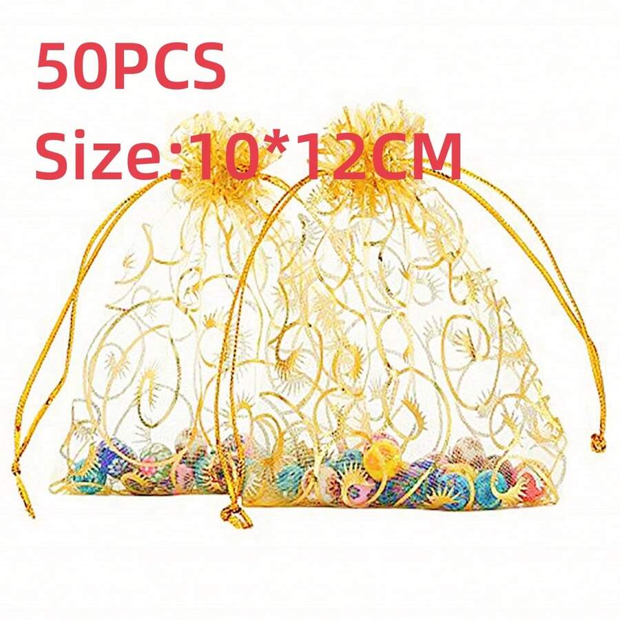50pcs Metallic Pattern Mesh Gift Bag,Christmas - Gold - View 1