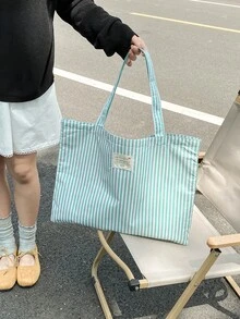 Striped Casual Large Capacity Minimalist Shopping Vacation College Tote Bag - Green - View 10
