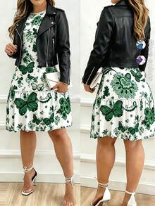 Vestido versátil de primavera, verano, otoño e invierno, seleccionado como el talla grande vendido, nuevo estilo para citas, hogar, vacaciones, camping, playa, fotografía, baile, fiesta, compras, vacaciones, estampado floral de mariposa fresco, Día de la Madre, cuello redondo, manga corta, cintura ceñida, efecto adelgazante, bajo tipo pastel, para ir al trabajo, citas, vestido midi elegante, fresco y con estilo con chaqueta en clima frío, elegante y hermoso en clima cálido, versátil y atemporal para todas las estaciones, vestido para mujer - Verde Oscuro - Ver 2