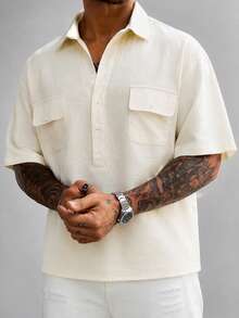 GloMan Men's 100% Cotton White Henley Half Button Placket Short Sleeve Shirt,Summer/Fall For Daily,Street,Office Commute,Back To School,Husband/Father - Apricot - View 4