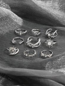 9pcs Silver Rhinestone Star Open Lava Metal Texture Easy To Match Sweet Cool Hot Girl Ring Set - Silver - View 4
