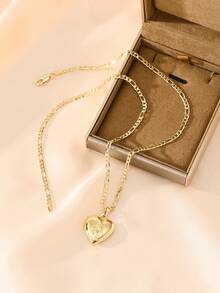 1pc 14K Gold Plated Copper Heart-Shaped Openable Pendant Necklace, Embossed Sacred Heart Pendant With Classic Figaro Chain, Suitable For Christmas/Thanksgiving/Halloween/Mother's Day/Valentine's Day Couples/Friends/Fellow Believers Gift, Catholic First Communion, Gift, Daily And Holiday Wear Prayer - Yellow Gold - View 9