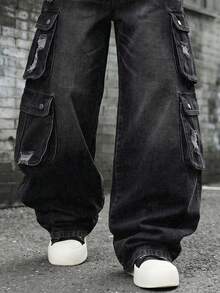 Celana Jeans Kargo Pria Retro Hitam dengan Banyak Saku, Celana Denim Streetwear Y2K dengan Detail Sobek dan Longgar, Potongan Lebar, dan Tampilan Usang. - Hitam - View 5