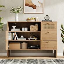Chest Of Drawers, Sideboard, Side Table; With Four Drawers And Two Doors; Suitable For Living Room And Kitchen; Black And Natural Tones, Dimensions: Width 120 X Depth 35.5 X Height 90.5 - Natural + Particle Board - View 8