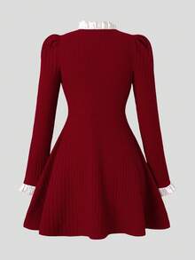 Autumn/Winter Girls' Fashion Elegant Colorblock Single-Breasted Dress, Suitable For Daily Wear And Gatherings - Burgundy - View 3