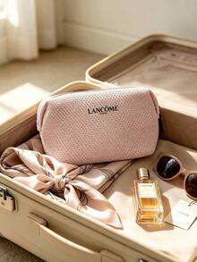 Lancôme LANCOME-GIFT-13 Bolsa de maquillaje con estampado de logotipo en tela de punto gofrado rosa pálido, bolsa de almacenamiento de cosméticos con cremallera completa en forma de almohada de gran capacidad, regalo de belleza de lujo para viajes para mujeres - Blanco - Ver 2