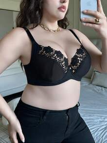 1pc Plus Size Women's Wireless Lace Bra, Breathable Anti-Slip, High Support, Adjustable Straps, Seamless Design, Suitable For Daily Wear - Black - View 6
