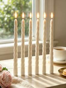 6pcs Pure White Twisted Taper LED Candles, Flickering Flameless Bullet-Shaped Long Stem Electronic Candle Lights, Wedding Table Decor, Christmas, Birthday Party, Romantic Holiday Atmosphere Decorative Lights - Multicolor - View 8