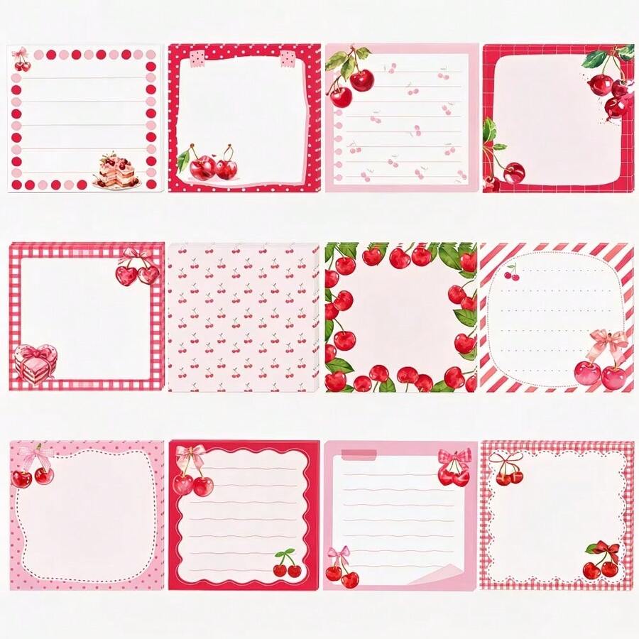 1/4/12 Random Pattern Pink Cherry Square Sticky Notes, Cute Cake Style Fresh Sweet Girly Design, Suitable For Daily Notes, Student Classroom Notes, Office Memo And Scrapbook Decoration, Perfect As Back To School Gift For Best Friends - Multicolor - View 1