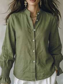 Women's Elegant Solid Color Long Sleeve Blouse, Stand Collar Button Pleated Flare Sleeve Top, Breathable Loose Fit Vacation & Commute Dual-Use Shirt - Green - View 11