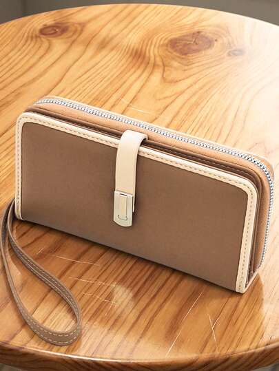 Women's Mini Handheld Phone Wallet, Exquisite Snap Closure Colorblock Patchwork Soft PU Long Wallet, Multifunctional Large Capacity Card Holder, Zipper Coin Purse, Lightweight And Fashionable