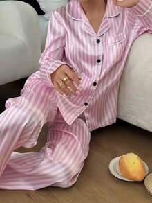 Dreamivo 2pcs/Set Women's Striped Long Sleeve Long Pants Pajama Set - Pink - View 5