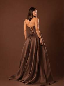 Straight Neckline Party Dress Tie Back Bridesmaid Wedding - 棕色的 - 查看 2