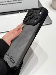 1件 DIY 客製化姓名灰色麂皮紋理手機殼，適用於 Apple 18ProMax/17ProMax/16Pro/15/14Plus/13 Pro/12ProMax/11/XsMax 及手機配件，男士商務極簡全包防摔人造皮革保護套 - 黑色 - 查看 4