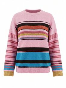 Women's Vintage Pink Striped Knit Sweater, Long Sleeve, Medium Stretch, Regular Length, Create A Fashionable Look - Multicolor - View 5
