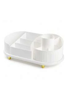 1 Peça Caixa de Armazenamento de Cosméticos de Plástico PS com Grande Capacidade e Rotação 360°, Organizador de Vaidade Oval com Listras Verticais, Base Dourada com Divisórias para Pincéis de Maquiagem, Batons e Produtos de Skincare, Decoração de Mesa para Quarto e Banheiro, Presente para Mulheres no Dia dos Namorados e Natal - Multicolorido - Visão 12