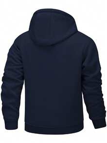 Men's Winter Full Lamb Fleece Lined Hooded Sweatshirt, Elastic Drawstring Hood, Zipper Side Pockets, Loose Fit Warm Jacket - Royal Blue - View 2