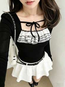 Women's Black Square Neck Long Sleeve T-Shirt With White Ruffle And Tie Details, Fashion Ribbed Fabric, Autumn - Black - View 3