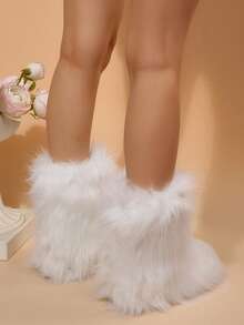 FVPFVP Gal-Style Cute Niche Shibuya Gyaru Fuzzy Boots, Warm Tall/Mid-Calf Winter Personalized Snow Boots For Women - White - View 6