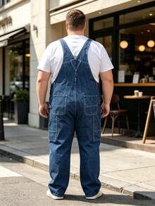 Men's Mid-Blue Washed Denim Overalls, Plus Size 1-6XL Loose Wide Leg Adjustable Shoulder Strap Jumpsuit, Comfortable Daily Outdoor Street Casual Pants - Dark Wash - View 2