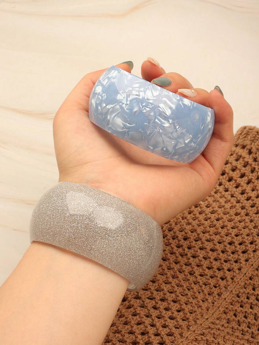 1件條紋圓形開口壓克力手環，極簡個性化女款手鐲 - 淺藍色 - 查看 1