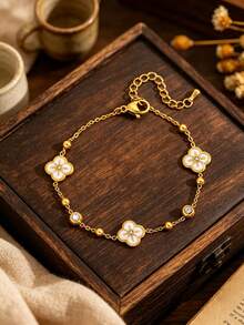 1pc Stainless Steel Heart, Flower, Clover, Rhombus Mother Of Pearl Bracelet, Elegant & Fashionable Micro-Inlaid Bracelet For Women, Summer New Arrival - Gold - View 7