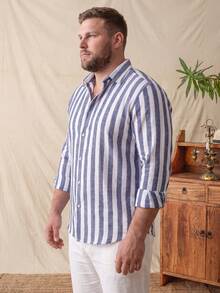 glestore Men's Plus Size Vintage Old Money Style Striped Beach Shirt, Button-Up Long Sleeve, Versatile Casual Top, Suitable For All Seasons And Summer - Navy Blue - View 2