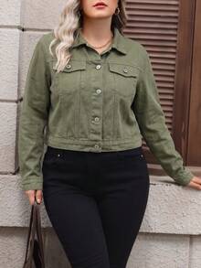 Women's Plus Size Short Denim Jacket, Long Sleeve, Versatile Top For Spring And Autumn Casual - Army Green - View 3