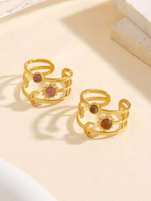2pcs Stainless Steel 18K Gold Plated Triple Layer Hollow Star Moon Sun Open Ring Set, Suitable For Women's Daily Commute Wear - Multicolor - View 4